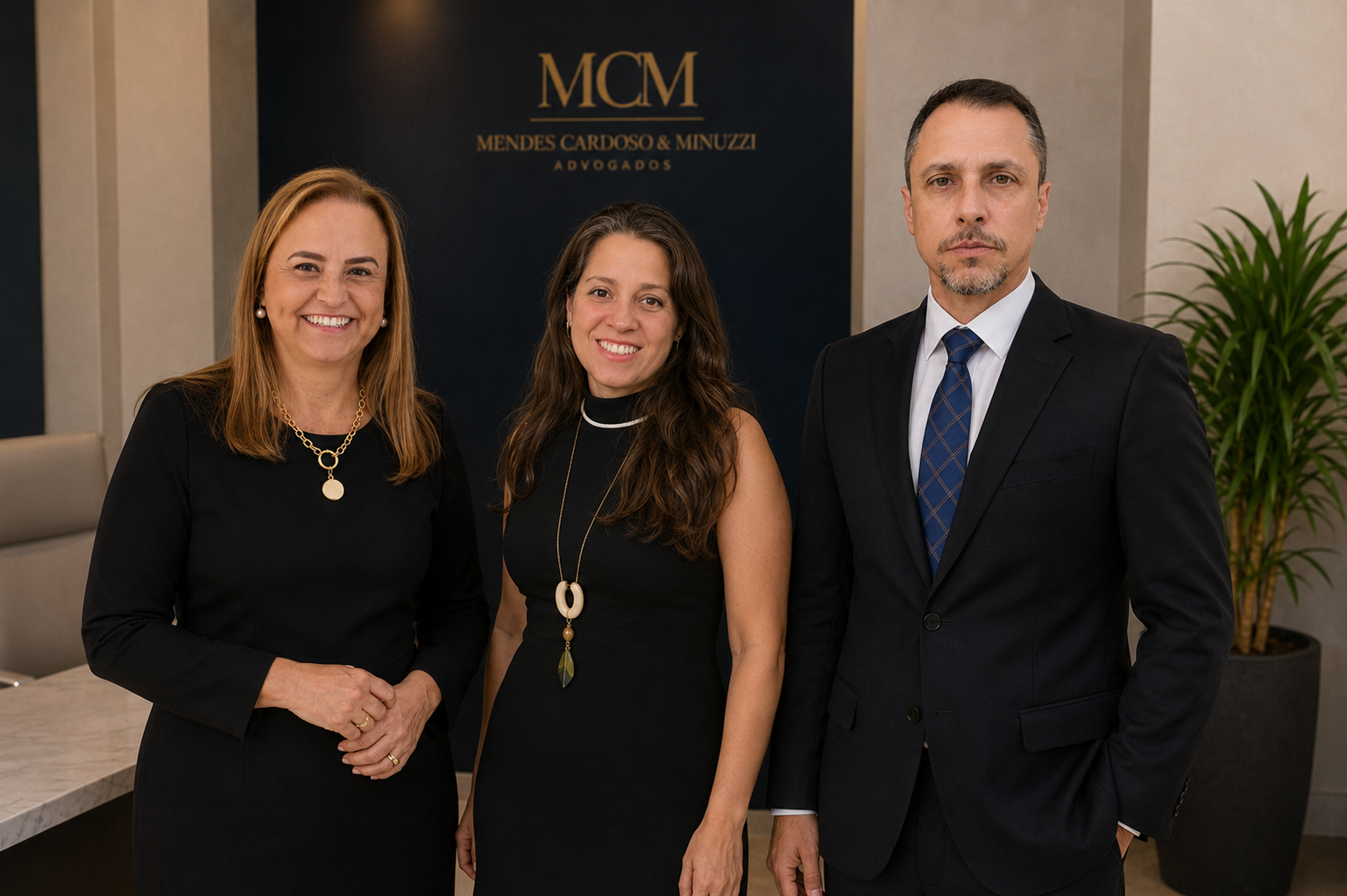 Lucas Minuzzi, Michelle Mendes Cardoso Minuzzi e Magda Salengue no escritório